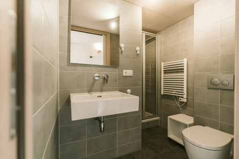 Baño moderno con azulejos grises, inodoro suspendido, lavabo rectangular, ducha y espejo en tiny house.