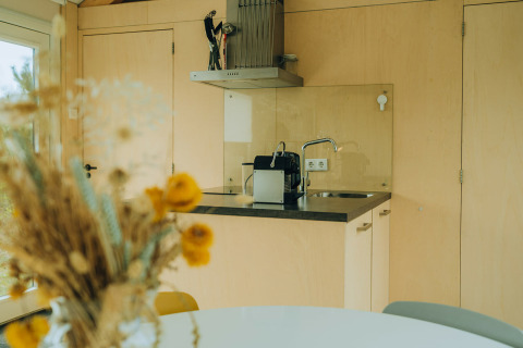 Moderne kitchenette in een lichte lodge bij t Kroaje, Holiday park De Klepperstee, Nederland, bloemen op de voorgrond.