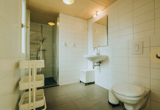 Moderne badeværelse med bruseniche, håndvask og toilet i t Kroaje, Holiday park De Klepperstee, Holland.