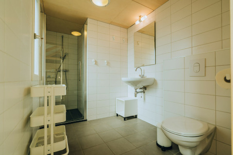 Moderne badkamer met douche, wastafel en toilet in t Kroaje, Holiday park De Klepperstee, Nederland.