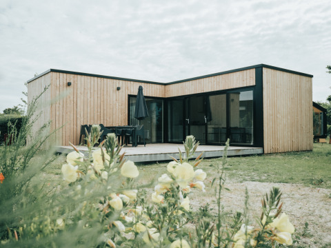 Modern houten natuurhuisje bij Vakantiepark De Klepperstee in Nederland, omgeven door bloemen.