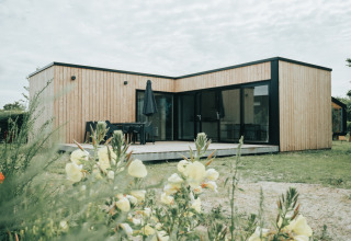 Modern wooden nature house at Holiday park De Klepperstee in the Netherlands, surrounded by flowers.