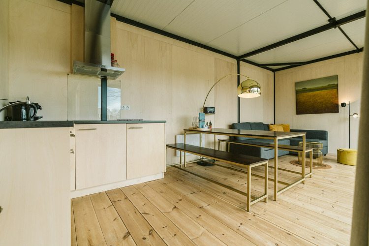 Modern living and kitchen area with wood floors at Huus van Hanse, a nature house in De Klepperstee, Netherlands.