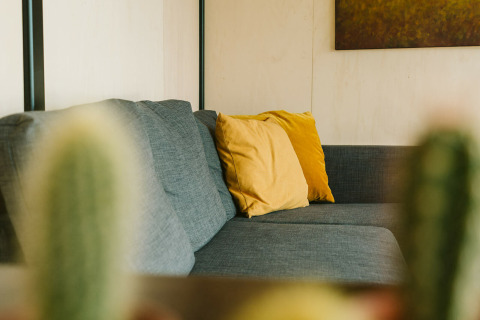 Moderne grijze bank met gele kussens in Huus van Hanse, Nature house, Holiday park De Klepperstee, Nederland.