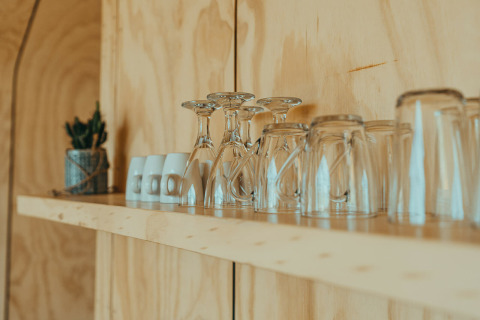 Glazen op houten plank in Oep, een natuurhuisje op vakantiepark De Klepperstee, Nederland, naast plant.