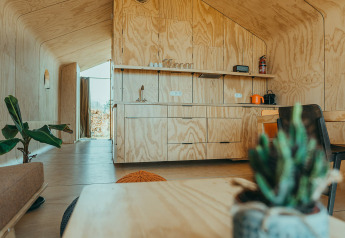 Modern houten interieur van natuurhuis Oep op Holiday park De Klepperstee, Nederland, met keuken en planten.