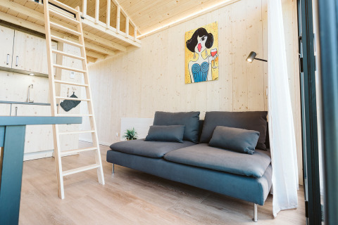 Sala moderna y luminosa en una tiny house del Holiday park De Klepperstee, Países Bajos, con sofá y altillo.