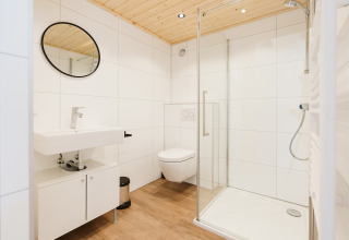 Baño moderno en la tiny house Stulp del parque De Klepperstee, Países Bajos, con techo de madera.