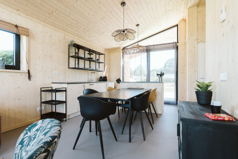 Salle à manger et cuisine modernes et lumineuses dans une maison nature au parc De Klepperstee, Pays-Bas.