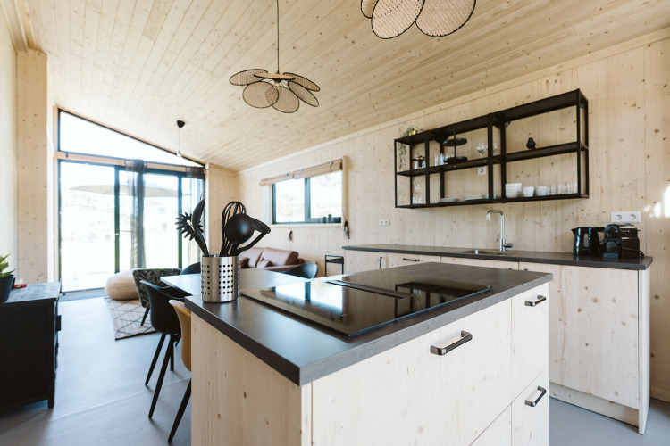Moderne keuken en woonkamer met houten panelen in natuurhuisje op Vakantiepark De Klepperstee, Nederland.