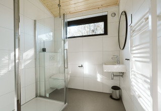 Bagno moderno con doccia in vetro, wc, lavandino, specchio e finestra nel Barn di De Klepperstee.