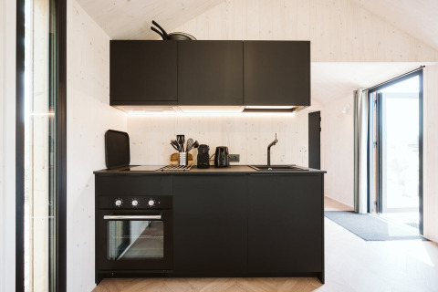 Cocina moderna negra en una tiny house del Holiday park De Klepperstee, Países Bajos, con interior luminoso.