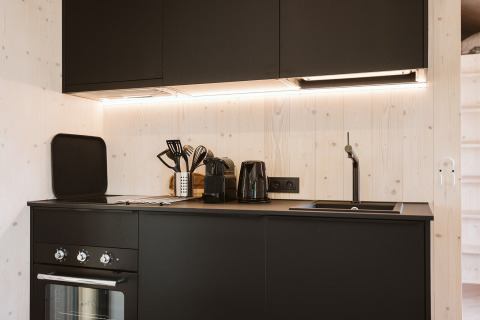 Coin cuisine noir moderne avec four, évier et ustensiles dans la tiny house Punt à De Klepperstee, Pays-Bas.