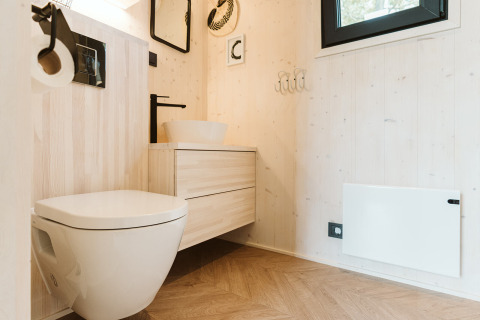 Modern bathroom in a tiny house at Holiday park De Klepperstee, featuring a wall toilet and wooden decor.