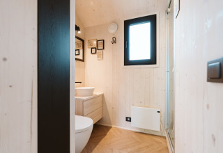 Modern tiny bathroom with wood walls, window, toilet and art at Melle, De Klepperstee, Netherlands.