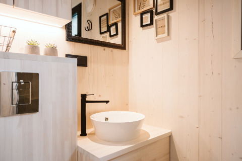 Moderne badeværelse i tiny house Melle med sort armatur, rundt håndvask og minimalistisk indretning.