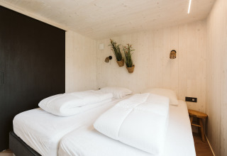 Slaapkamer van tiny house Scandic met twee bedden en hangende planten, Holiday park De Klepperstee, Nederland.