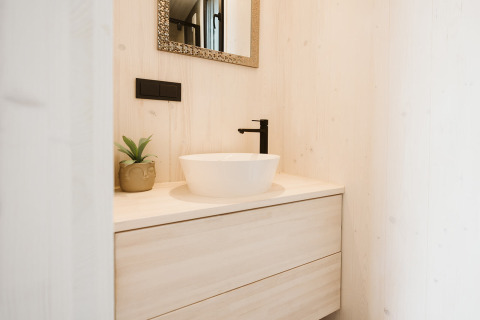 Modern bathroom sink with black faucet and mirror in a tiny house at Holiday park De Klepperstee, Netherlands.
