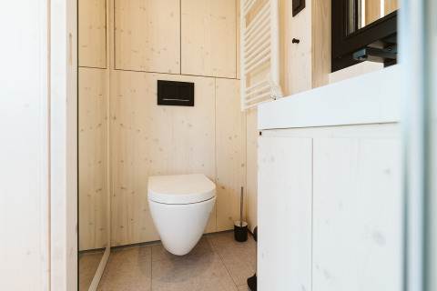 Baño moderno y compacto en la tiny house Backer en Holiday park De Klepperstee, Países Bajos, con paneles de madera.