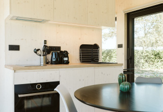 Moderne kitchenette in de Eden-lodge bij Holiday park De Klepperstee, Nederland, uitzicht op buiten.