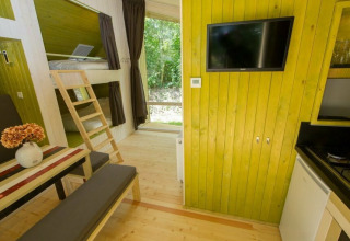 Intérieur d'une tiny house Trek-in à Beerze Bulten, Pays-Bas, avec lits superposés, table et TV.