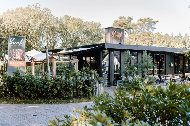 Soof boutique lodge with a stylish outdoor seating area, lush greenery, and welcoming sign at the entrance.