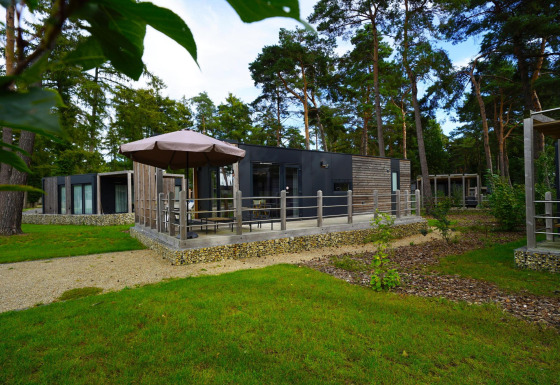 Chalet Heiberg moderne au Hoge Kempen, Belgique, avec terrasse et parasol, entouré de forêt verdoyante.