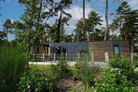 Hedendaagse Heiberg cottage lodge omgeven door groen in Hoge Kempen, België, onder een heldere hemel.