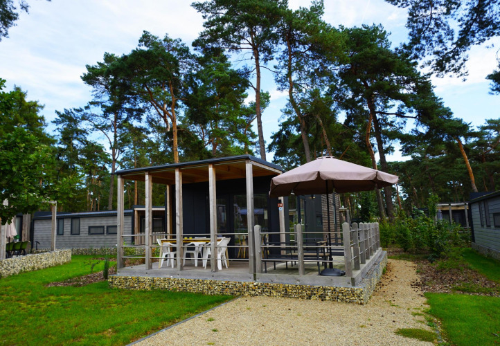 Outdoor view of Heiberg cottage with terrace and umbrella, surrounded by trees in Hoge Kempen, Belgium
