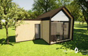 Casa pequeña y moderna XL en Camping Si-Es-An en los Países Bajos, rodeada de árboles y césped verde.
