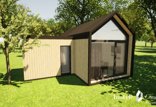 Casa pequeña y moderna XL en Camping Si-Es-An en los Países Bajos, rodeada de árboles y césped verde.