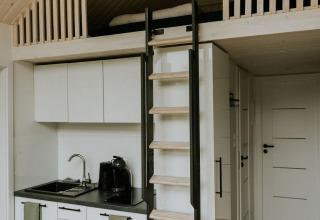 Tiny house moderne avec mezzanine, échelle et petite cuisine au Camping Si-Es-An aux Pays-Bas.