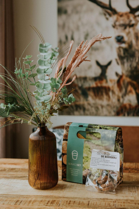 En vase med tørrede blomster og en velkomstpakke på et bord i Tiny house XL på Camping Si-Es-An, Holland.