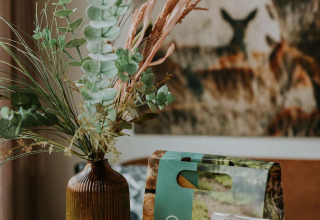 Een vaas met droogbloemen en een welkomstpakket op tafel in Tiny house XL bij Camping Si-Es-An, Nederland.