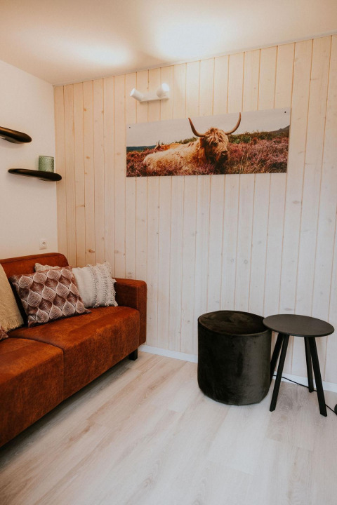 Acogedora sala en Tiny house XL de Camping Si-Es-An, Países Bajos, con sofá marrón y arte de vaca.