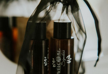 Bouteilles de shampoing brunes dans un sac en filet noir au Tiny House XL du Camping Si-Es-An, Pays-Bas.