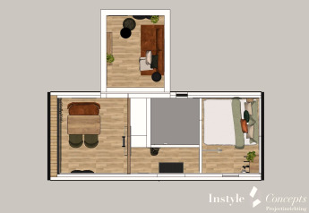 Plattegrond van Tiny House XL op Camping Si-Es-An, Nederland, met woon-, eet- en slaapkamerindeling zichtbaar.