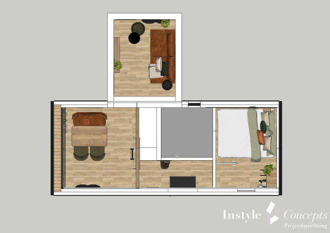 Plattegrond van een Tiny House XL op Camping Si-Es-An, met leefruimte, eetplaats en slaapkamer.