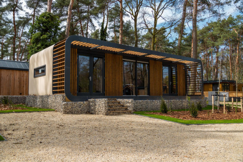Modus Wellness lodge in het Hoge Kempen, België, met moderne architectuur tussen de bomen.