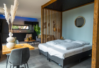 Modern lodge room at Modus Wellness, Hoge Kempen, Belgium, featuring cozy bed, kitchen, and stylish decor.