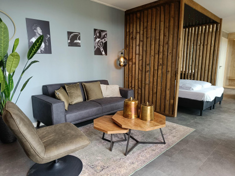 Sala de estar moderna en la lodge Modus Wellness en Hoge Kempen, Bélgica, con madera y decoración elegante.