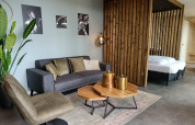 Modernes Wohnzimmer in der Modus Wellness Lodge im Hoge Kempen, Belgien, mit Holzwand und Sofaecke.