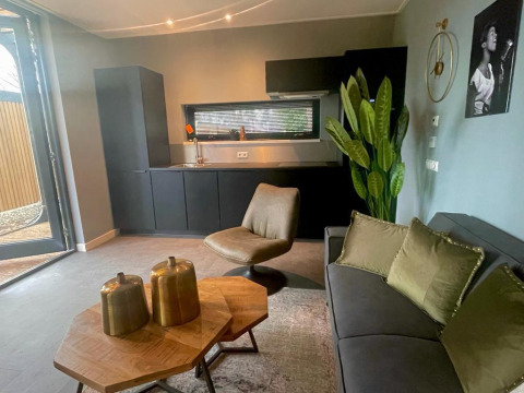 Moderne woonkamer en keuken in Modus Wellness lodge in Hoge Kempen, België, met stijlvolle decoratie.