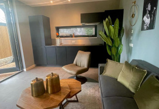 Soggiorno e cucina moderni al lodge Modus Wellness a Hoge Kempen, Belgio, con arredi eleganti.