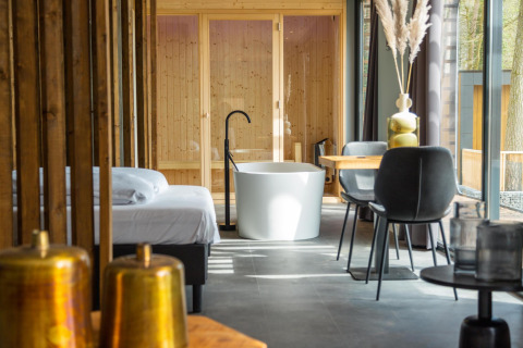 Intérieur d'une chambre de lodge moderne au Modus Wellness à Hoge Kempen, Belgique, avec baignoire design.