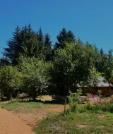 Día soleado en Châtel-Montagne, Francia, con personas caminando por un sendero rodeado de árboles y cabañas.