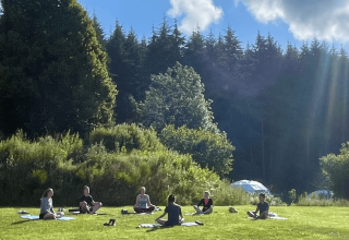 Folk deltager i en udendørs yogasession på græsset i Camping Domaine La Chabanne, omgivet af træer.