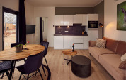 Acogedora sala y cocina de una cabaña moderna con mesa de madera, sofá, vino, plantas y cuadro mural.