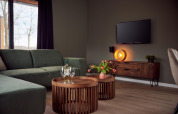 Salón moderno con sofá verde, mesas de madera y televisor en villa Holiday Amalia en Hofparken De Bergvennen.