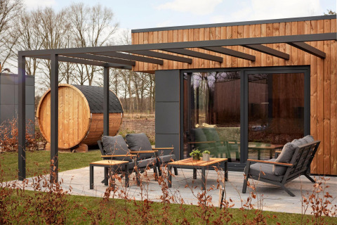 Moderne patio met buitenzit en houten sauna bij Holiday villa Amalia in Hofparken De Bergvennen, Nederland.